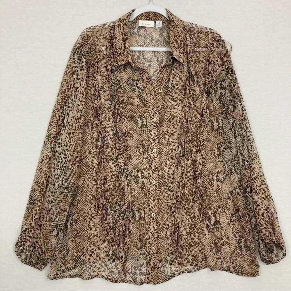 Chico's Animal Print Sheer Fringe‎ Long Sleeve Button Down size XL/3